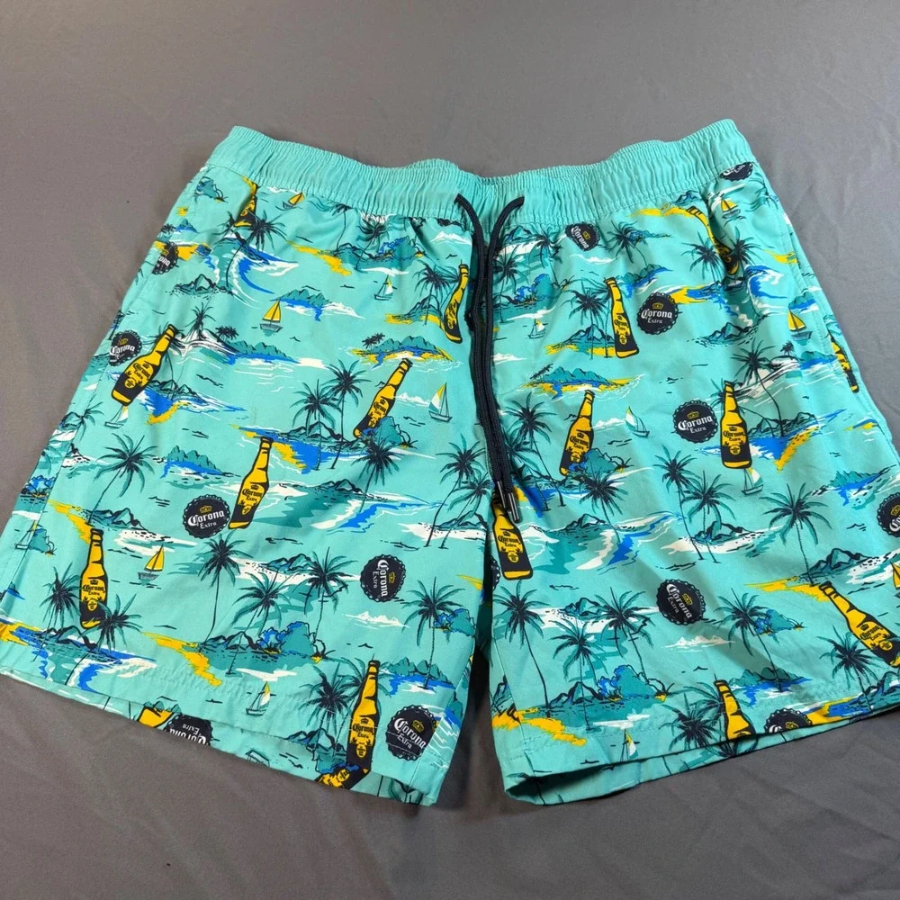 Corona Extra Mens Swim Trunks XL 40-42 Turquoise Tropical Beer Print Shorts